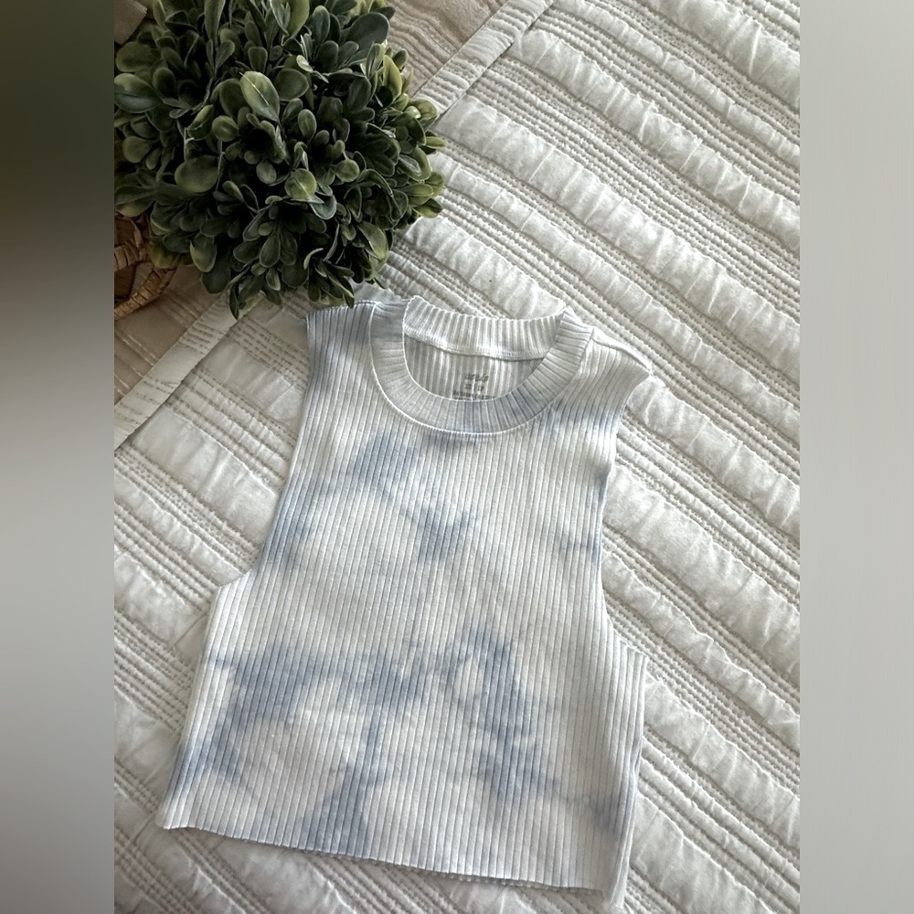 Aerie Blue and White Tie Dye Ribbed Sleeveless Crop Top Size XS - Picture 4 of 12